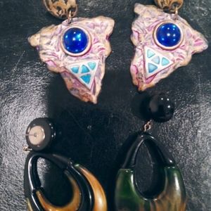 Two sets Vintage 1980's earrings black and gold light weight boho pierced drop